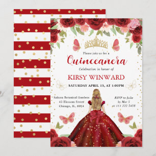 Invitación Princesa Rubia de Quince Años con Vestido Rojo