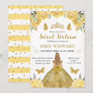 Invitación Princesa Rubia de Vestido Dorado Cumple 16