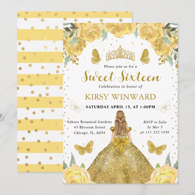 Invitación Princesa Rubia de Vestido Dorado Cumple 16 (Anverso / Reverso)