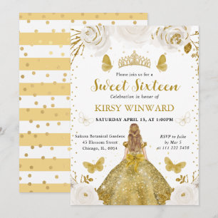 Invitación Princesa Rubia de Vestido Dorado Cumple 16