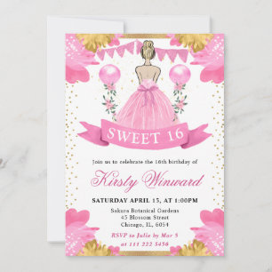 Invitación Princesa Rubia de Vestido Rosa Cumple Dulces 16