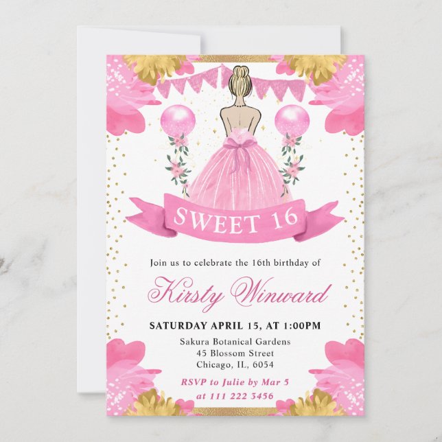 Invitación Princesa Rubia de Vestido Rosa Cumple Dulces 16 (Anverso)