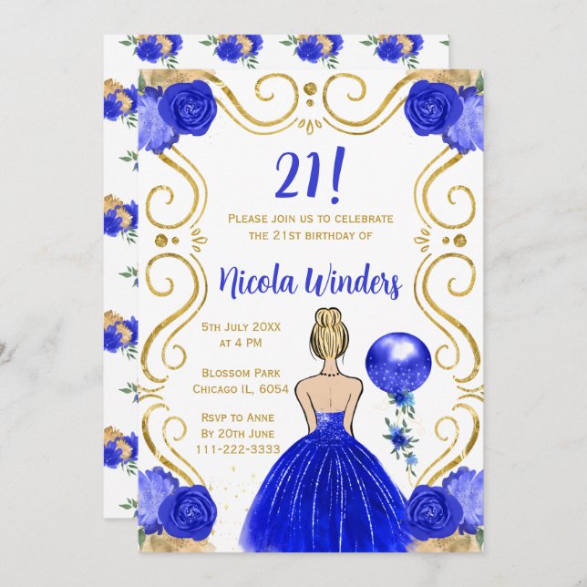 Invitación Princesa rubia del partido de los cumpleaños en az (Anverso / Reverso)
