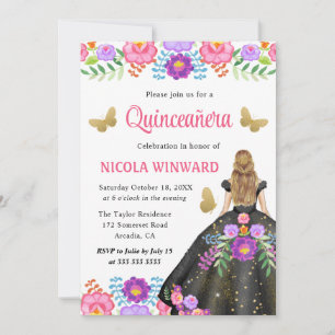 Invitación Princesa Rubia Vestido Floral Mexicano Quinceanera