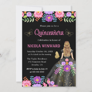 Invitación Princesa Rubia Vestido Floral Mexicano Quinceanera