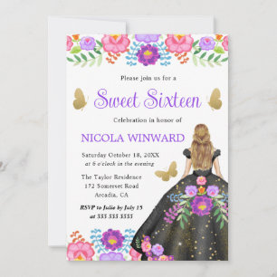 Invitación Princesa Rubia Vestido Floral Mexicano Sweet 16
