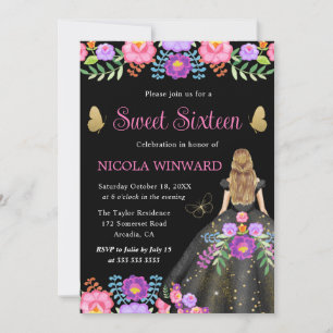 Invitación Princesa Rubia Vestido Floral Mexicano Sweet 16