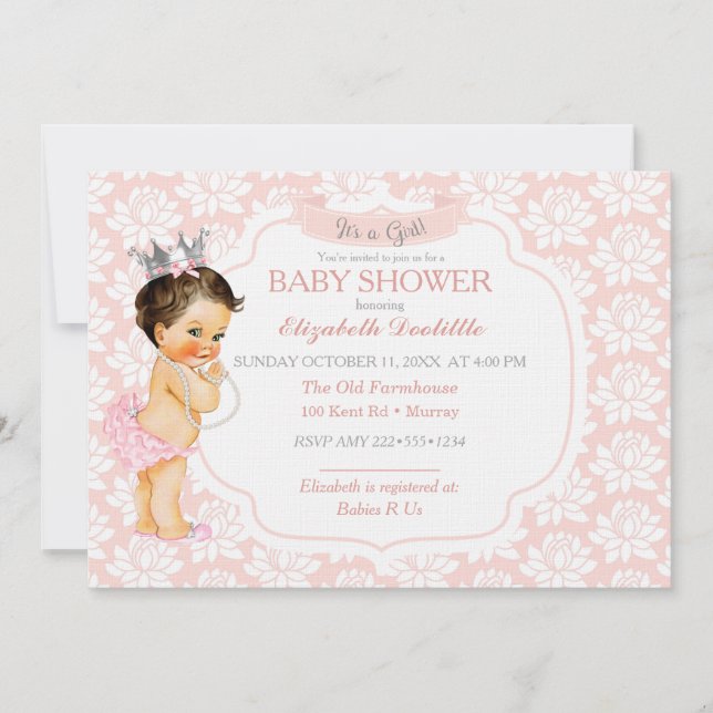 Invitación Princesa Rubor Pink & Silver Baby Girl (Anverso)