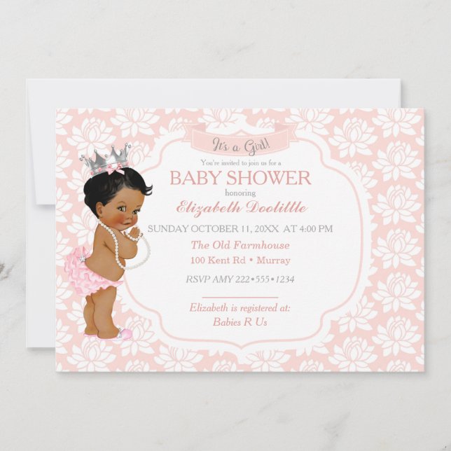 Invitación Princesa Rubor Rosa y Plata Bebé Niña (Anverso)