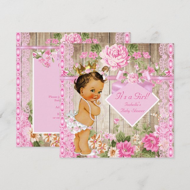 Invitación Princesa Rustic Pink Wood Baby Shower Brunette (Anverso / Reverso)