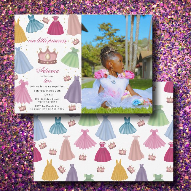 Invitación Princesa se viste de Chica de cuento de hadas (Princess Dresses Fairytale Girl Photo Birthday Invitation)