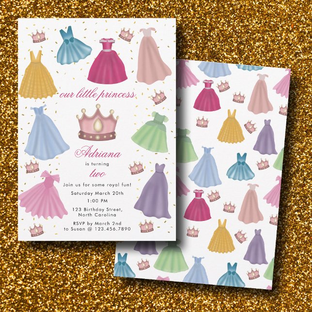 Invitación Princesa se viste de cuento de hadas cumpleaños (Princess Dresses Fairytale Little Girl Birthday Invitation)