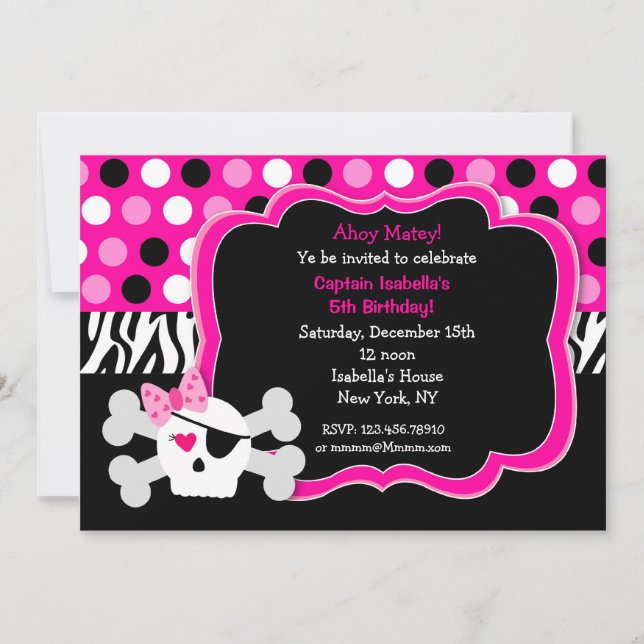 Invitación Princesa Skull BIrthday Invitations del pirata (Anverso)