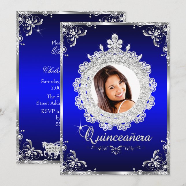 Invitación Princesa Tiara Azul Real Brillo Quinceañera (Anverso / Reverso)