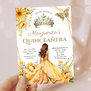 Invitación Princesa Tiara de oro Floral Amarillo