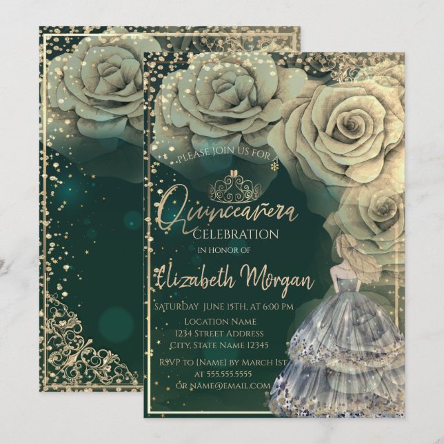 Invitación Princesa, Tiara de Oro, Rosas de diamantes (Anverso / Reverso)
