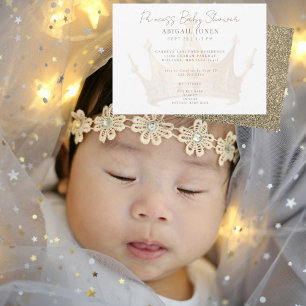 Invitación Princesa Tiara Glam White & Gold Baby Shower
