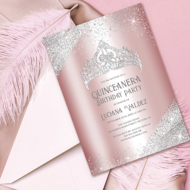 Invitación Princesa Tiara Quinceañera, Purpurina de Plata Ros (Subido por el creador)