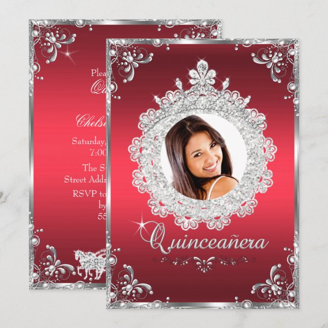 Invitación Princesa Tiara Rubí Rojo Brillo Quinceañera (Anverso / Reverso)