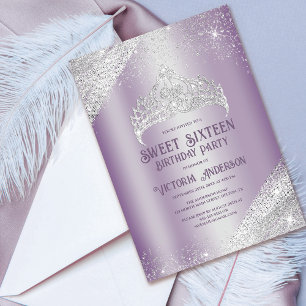 Invitación Princesa Tiara Sweet 16 Invi, Purpurina de Plata M