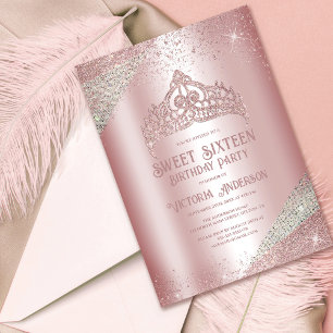 Invitación Princesa Tiara Sweet, Purpurina de Plata Rosa 16