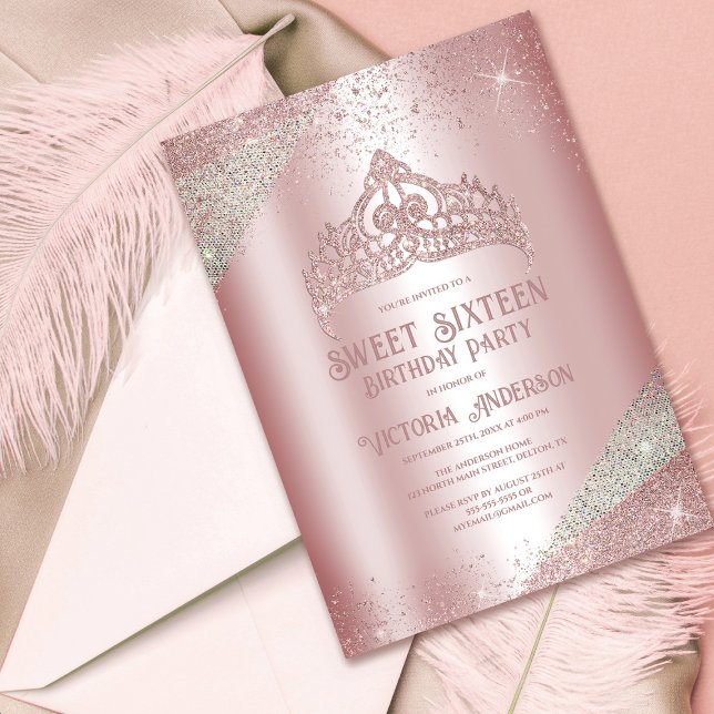 Invitación Princesa Tiara Sweet, Purpurina de Plata Rosa 16 (Subido por el creador)
