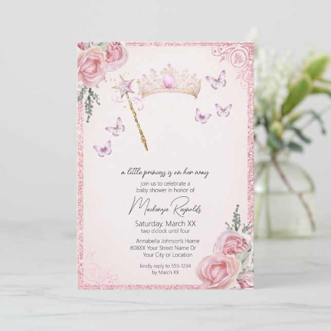 Invitación Princesa Tiara y Purpurina rosa Wand Baby Shower (Anverso de pie)