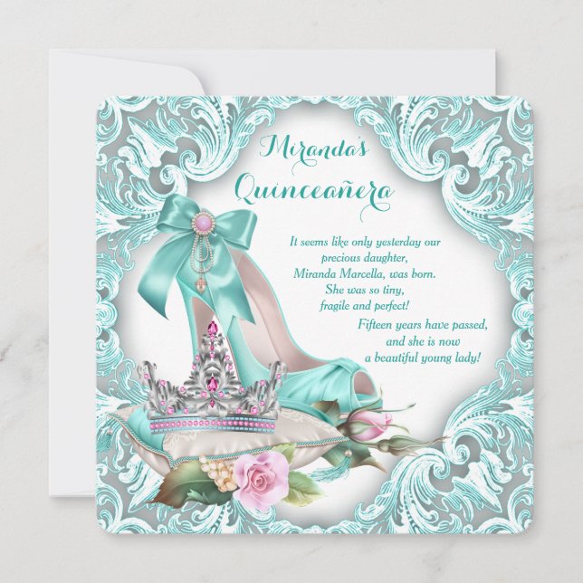 Invitación Princesa Tiara Zapato de Tacón Alto Quinceañera (Anverso)