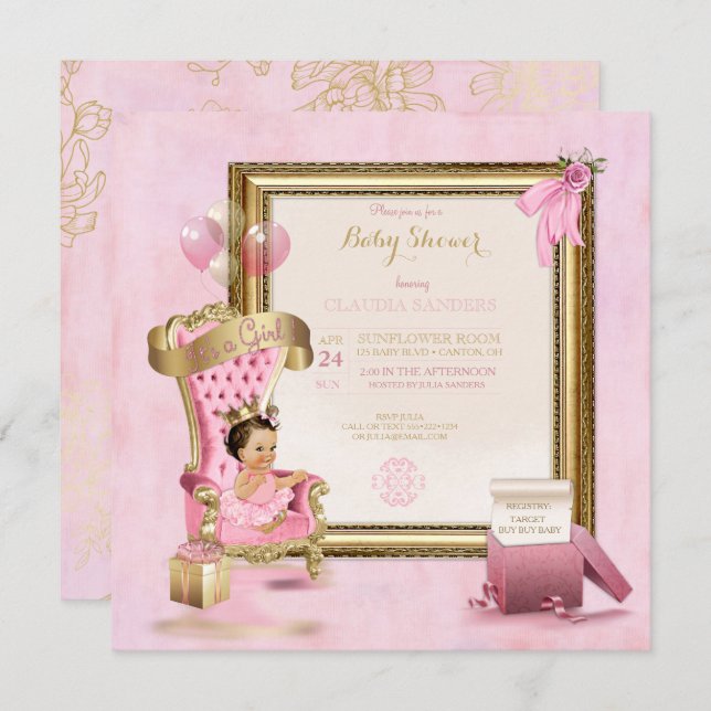 Invitación Princesa Tutu Crown Gold Pink Royal (Anverso / Reverso)