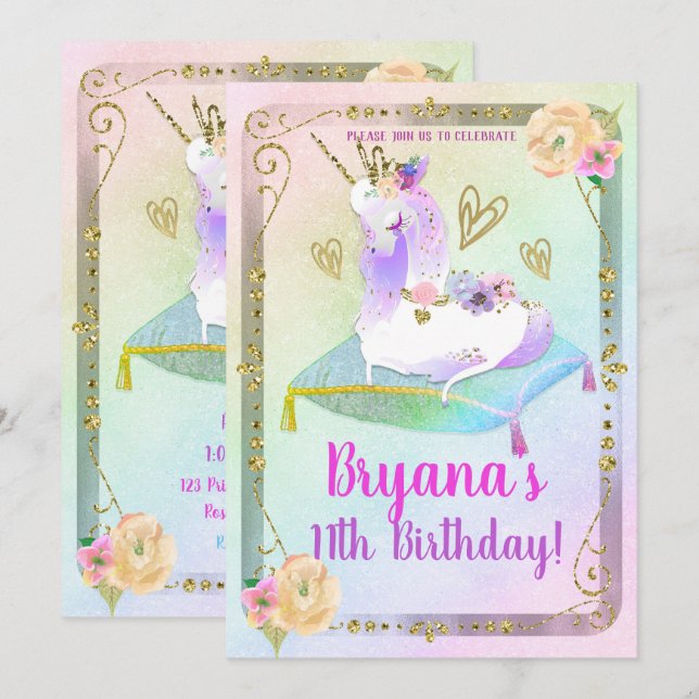 Invitación Princesa Unicornio Arcoíris Pastel Fiesta Iridesce (Anverso / Reverso)