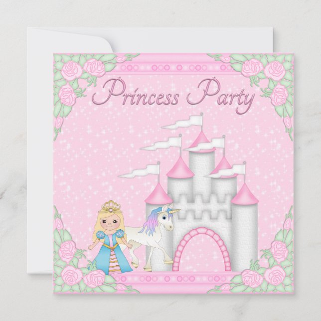 Invitación Princesa, unicornio y Fiesta de princesas rosadas (Anverso)