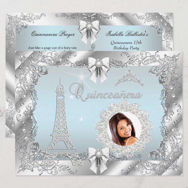 Invitación Princesa Verde azulada azul Quinceanera Silver Pho (Anverso / Reverso)