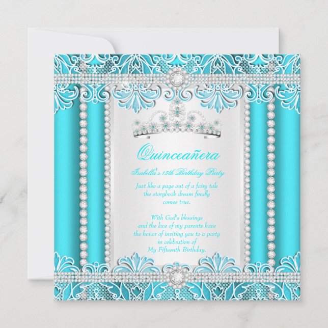 Invitación Princesa verde azulada de encaje azul Quinceanera  (Anverso)