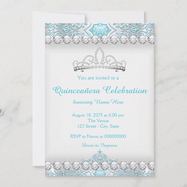 Invitación Princesa verde azulada del Diamante Azul y Plata Q (Anverso)
