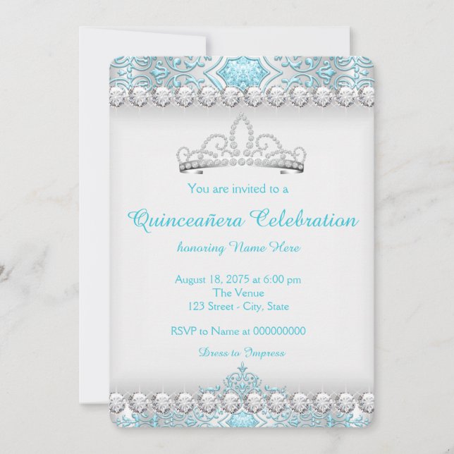 Invitación Princesa verde azulada del Diamante Azul y Plata Q (Anverso)