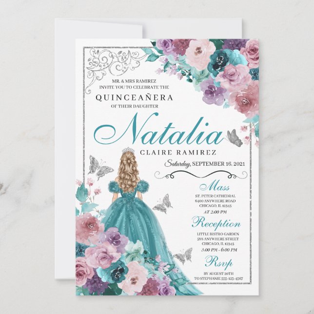 Invitación Princesa verde azulada y malva de la puesta de sol (Anverso)