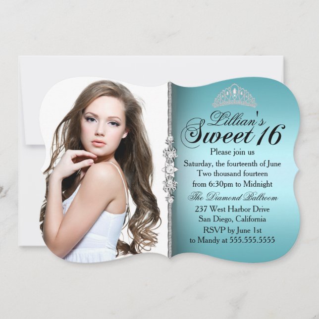 Invitación Princesa verde azulada y negra Tiara Sweet 16 cump (Anverso)
