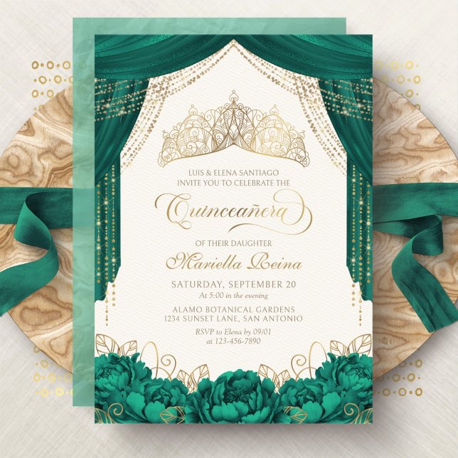 Invitación Princesa Verde Corona Floral Quinceanera (Subido por el creador)