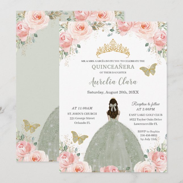 Invitación Princesa Verde de arcilla floral rosa de Quinceañe (Anverso / Reverso)