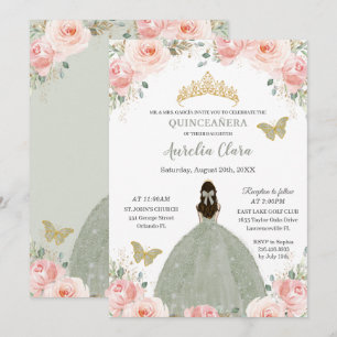 Invitación Princesa Verde de arcilla floral rosa de Quinceañe