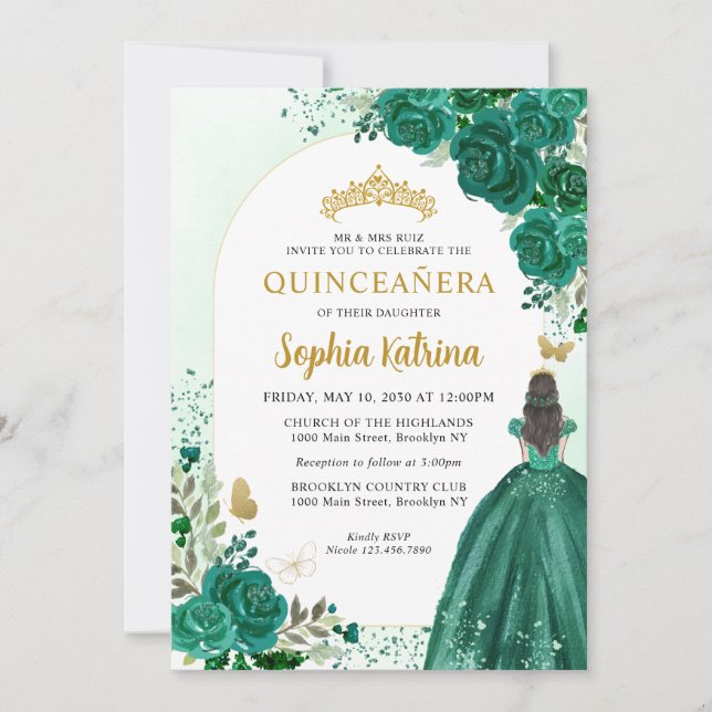 Invitación Princesa Verde de Esmeralda Floral Cumpleaños Quin (Anverso)
