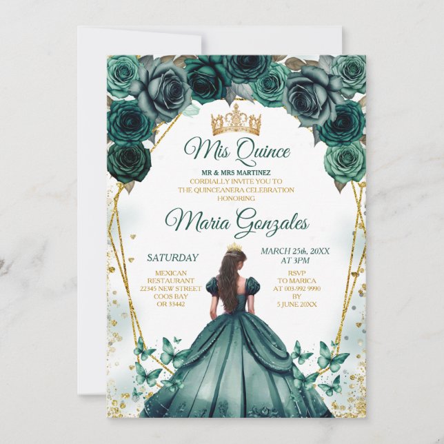 Invitación Princesa Verde Esmeralda Corona Floral (Anverso)