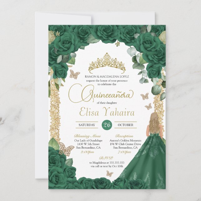 Invitación Princesa Verde Esmeralda de Mariposa Quinceanera (Anverso)