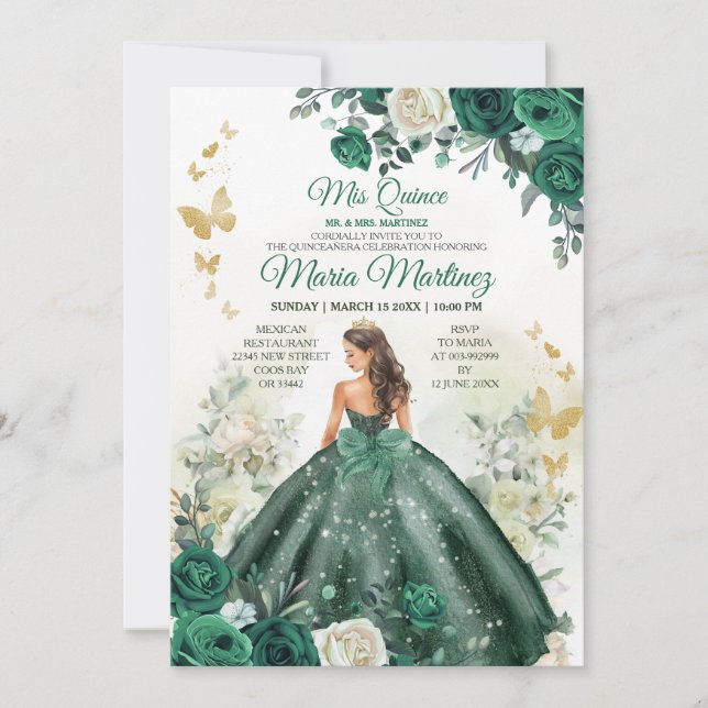 Invitación Princesa Verde Esmeralda Floral Mexicana Mi Quince (Anverso)