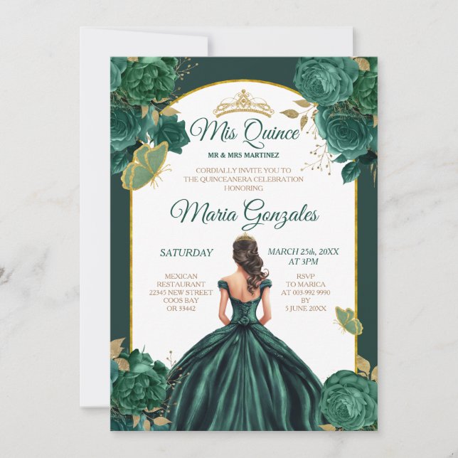 Invitación Princesa Verde Esmeralda Floral Quinceañera (Anverso)