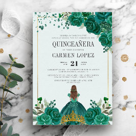 Invitación Princesa verde esmeralda floral Quinceanera