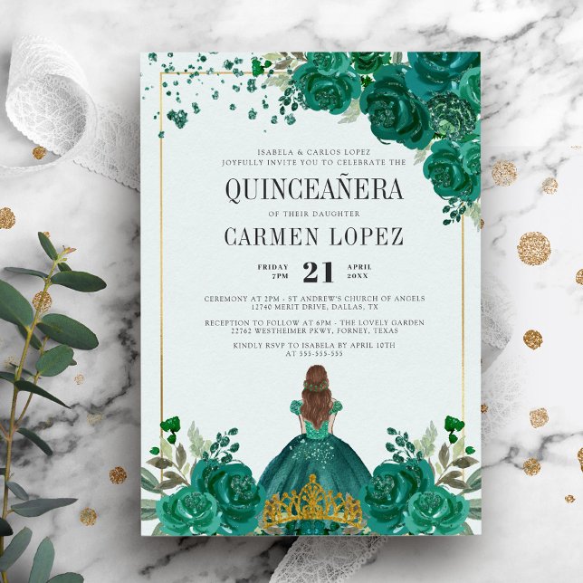 Invitación Princesa verde esmeralda floral Quinceanera (Subido por el creador)
