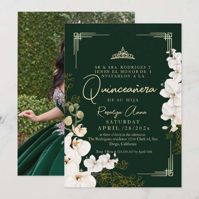 Invitación Princesa Verde Esmeralda Orquídea Blanca Quinceañe (Anverso / Reverso)
