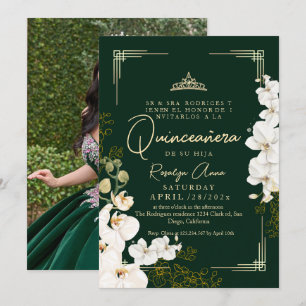 Invitación Princesa Verde Esmeralda Orquídea Blanca Quinceañe