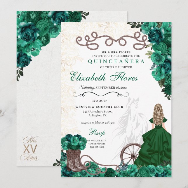 Invitación Princesa Verde Occidental Floral Charra Quinceañer (Anverso / Reverso)